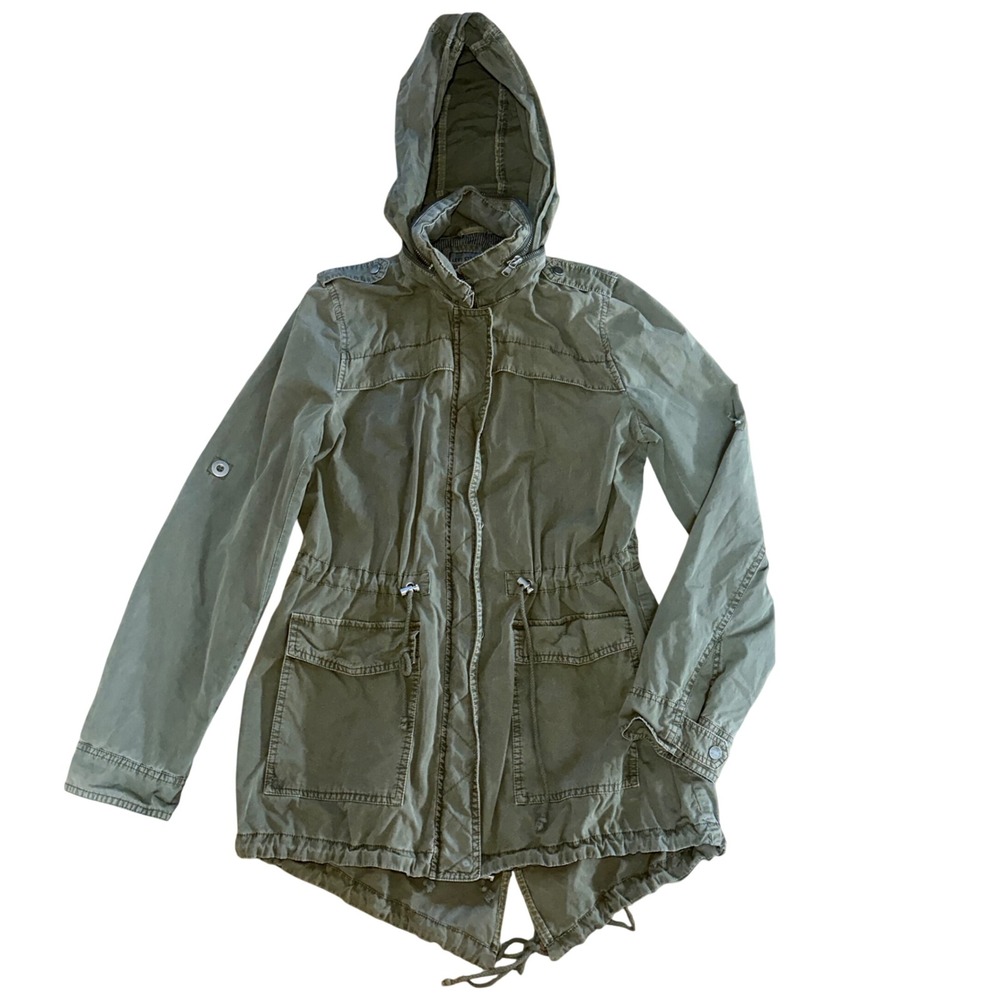 Levi Strauss Womens M Olive Green Utility Field Jacket Stowaway Hood Zip up snap